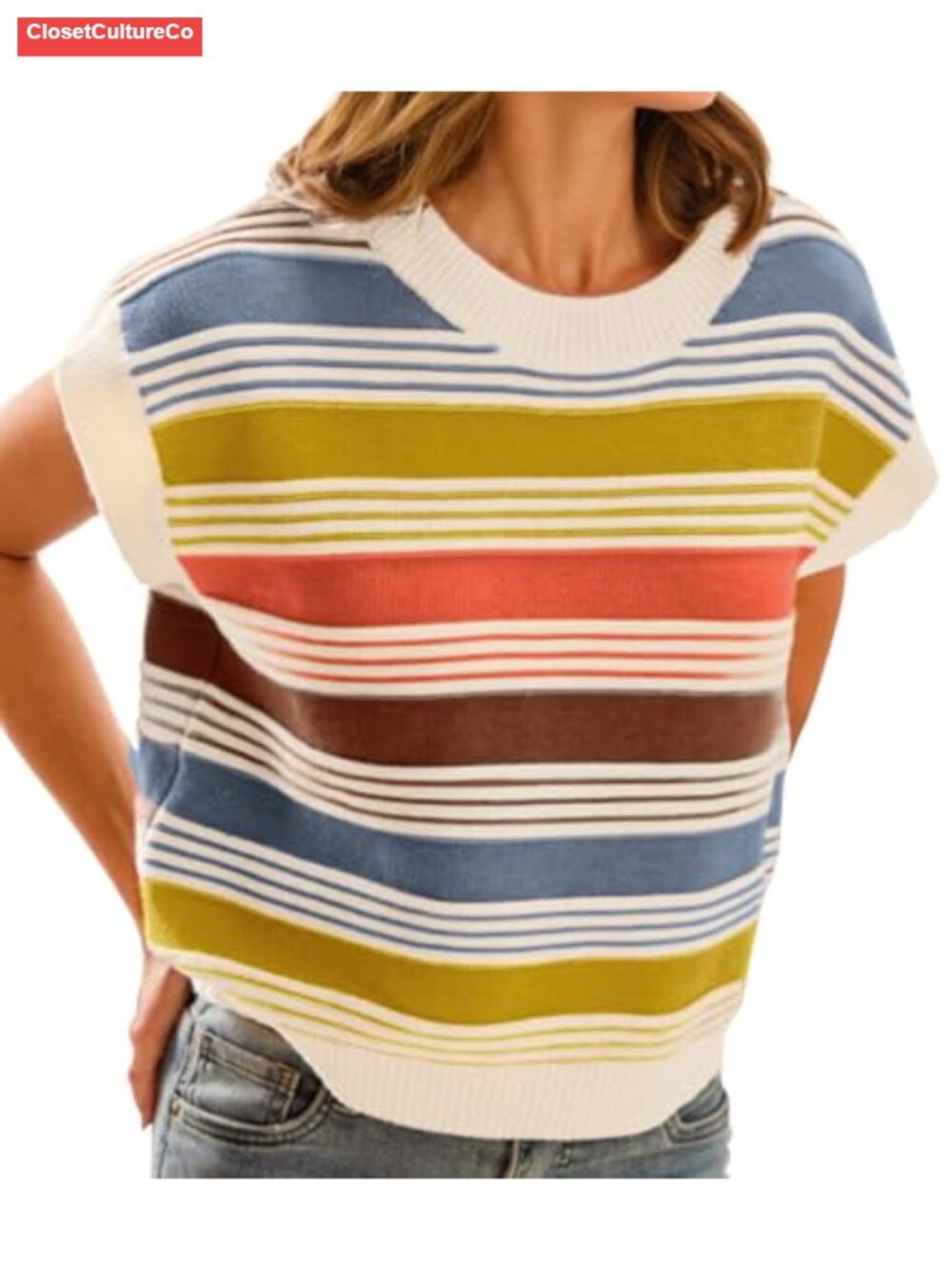 Striped Cap Sleeve Knit Sweater Vest Crew Neck Loose Fit Tank Top